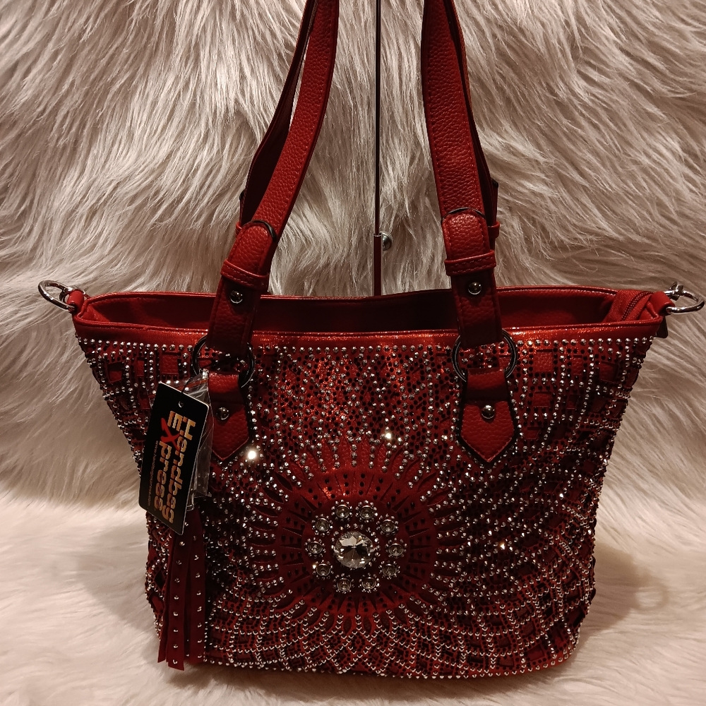 Elegant Red Sunburst Pattern Rhinestone Tote